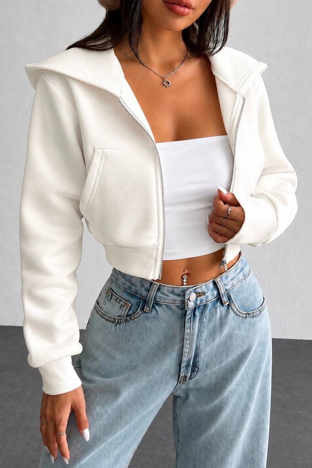 Nawly Ecru Winter Oversize 3 Thread Hooded Kangaroo Pocket Thick Sweatshirt Crop Zipper Cardigan