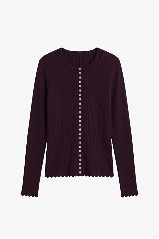 Plum Cannel Buttoned Knitwear Blouse