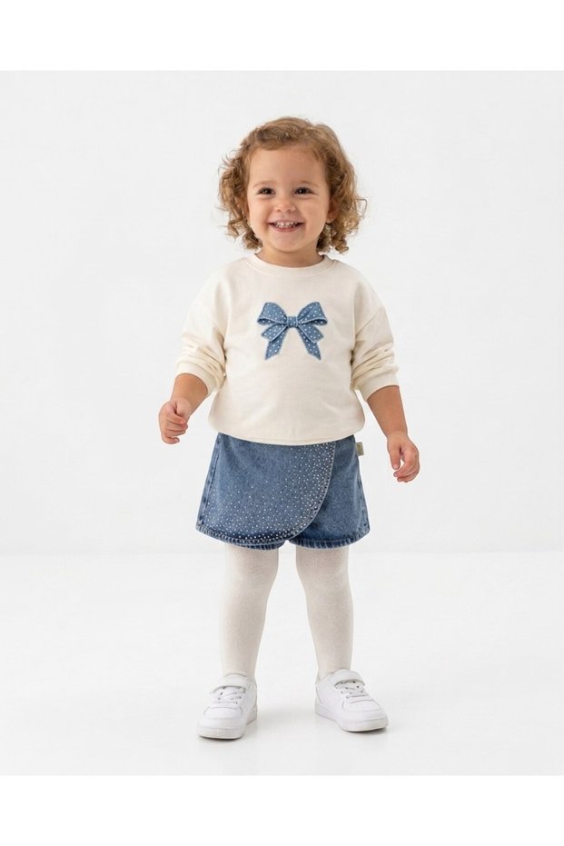 Girl Child 2-3-4-5 Years Old Stoned Denim Shorts with Skirt, Bow Blouse, 2-Piece Stylish Bottom and Top Set
