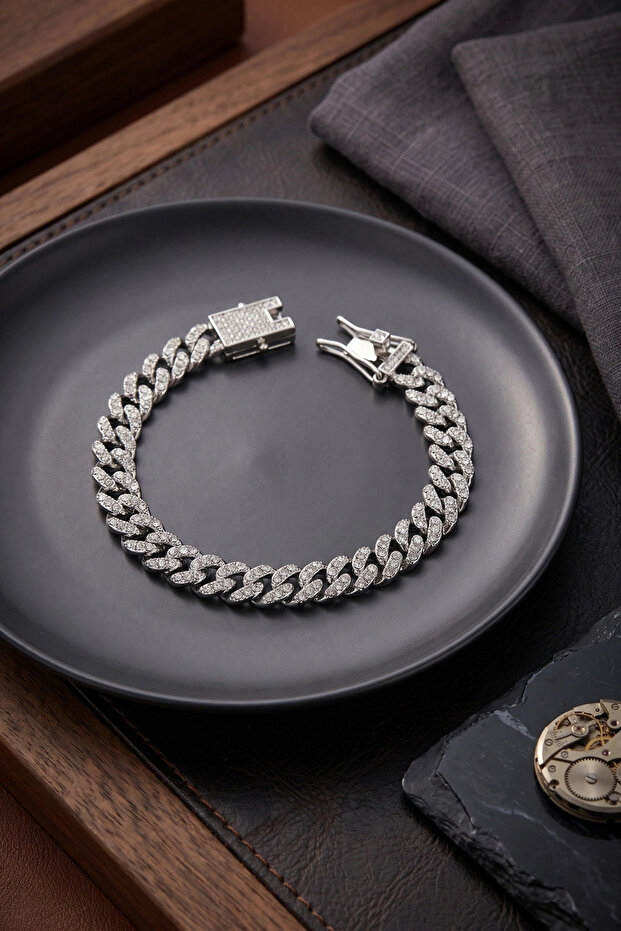 Silver Color Zircon Stone Cuban Chain Model Clip Closure Men's Bracelet