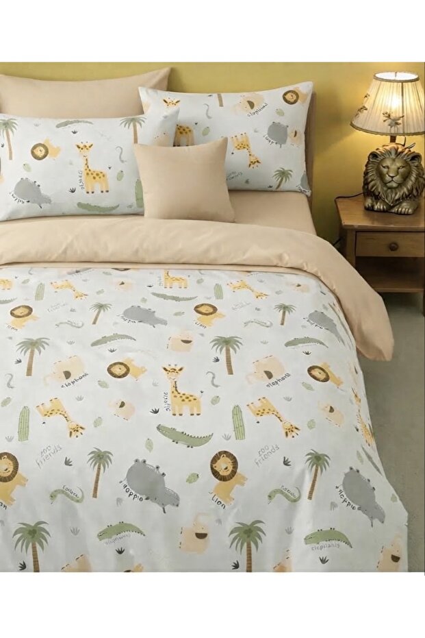 Single Size Rubberized Sheet Bedding Set with Giraffe, Elephant, Lion Pattern