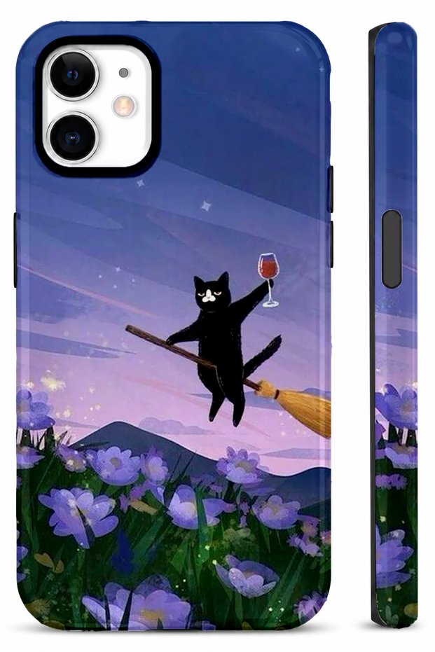 Compatible with iPhone 12 / 12 Pro - Witch Cat Double Layer Cover, Glossy Surface Protective Glossy Touch Case