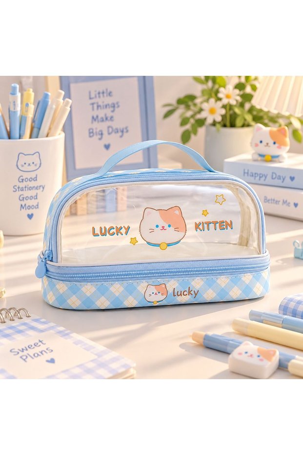 Large Volume Zippered Japanese Korean Style Transparent Water-Resistant Pen Holder with Handle Easy to Clean Plaid Pattern Rabbit Cat Teddy Bear Children's Pencil Case Bag