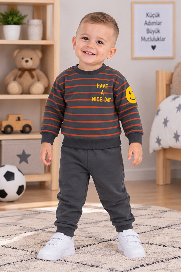 Boys' Striped Sweatshirt Tracksuit Set – Gray Anthracite Printed 2-Piece Set