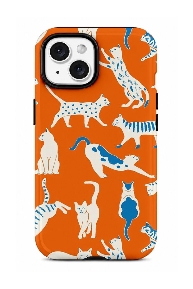 iPhone 15 Compatible - White Patterned Cats, Double Layer Cover, Glossy Surface Protective Case