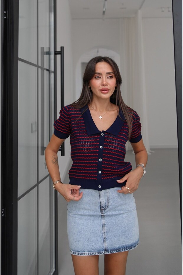 Navy Blue Openwork Striped Knitted Cardigan