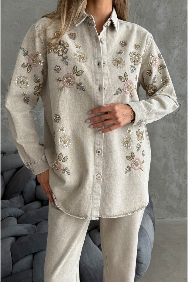 Women's Front Beaded Embroidered Denim Oversize Shirt
