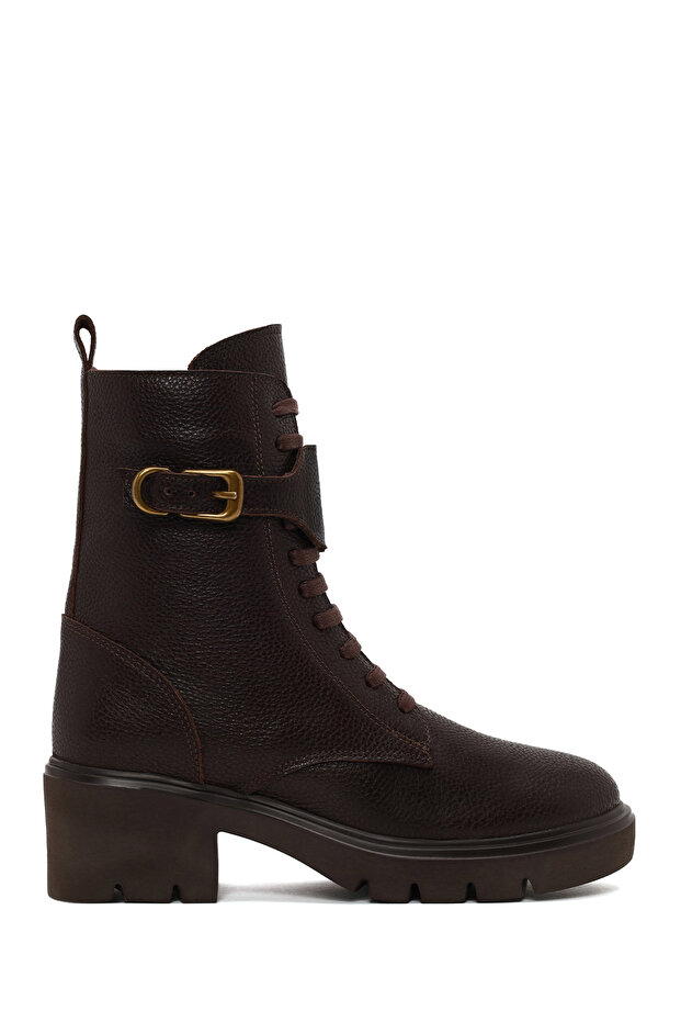 Women's Brown Zippered Thick Heeled Leather Boots Wf180025Df