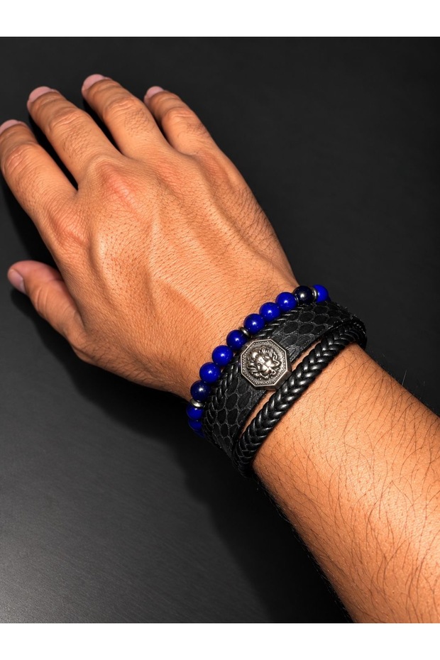 Men's Bracelet Blue Natural Stone Black Leather Braid Lion Figured Stylish Sports Modern Design Accessory