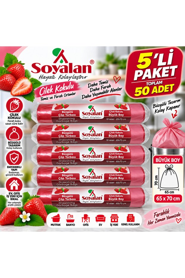Strawberry Scented Drawstring Garbage Bag Large Size 65X70 cm 5 Pack 50 Pieces