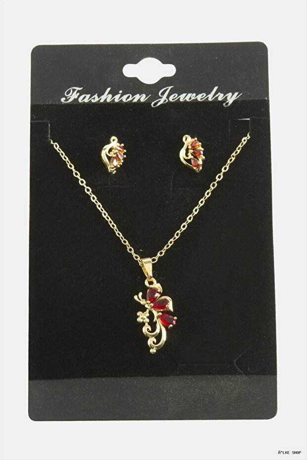 Ilkestor Dragonfly Zircon Stone Set (21647) Necklace Red