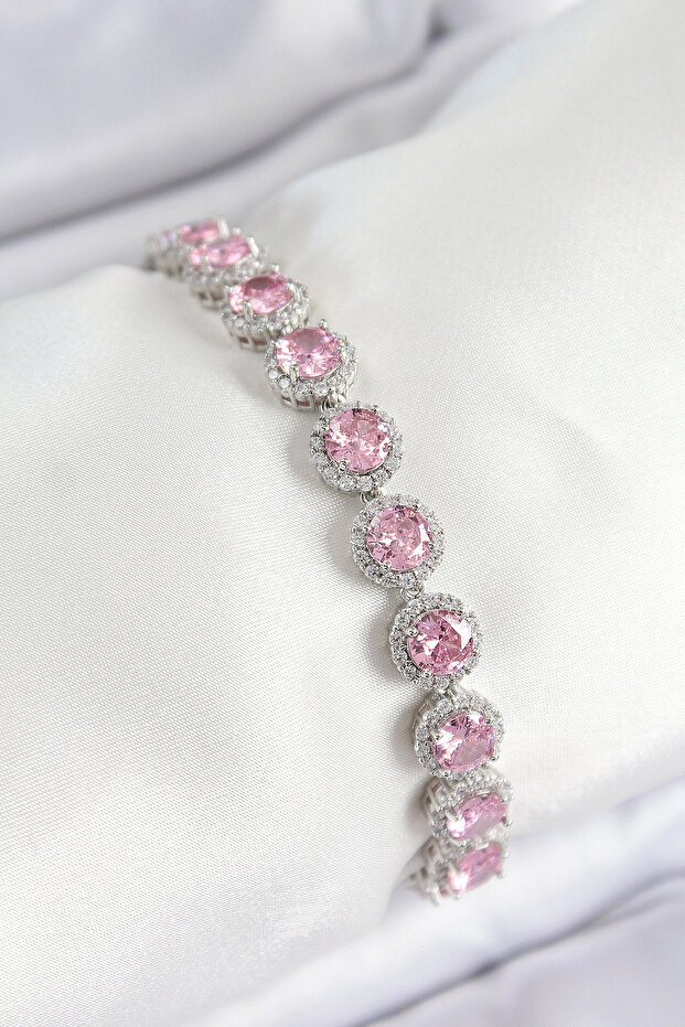 Brass Pink Zircon Stone Circle Baguette Model Silver Color Vip Series Women's Bracelet