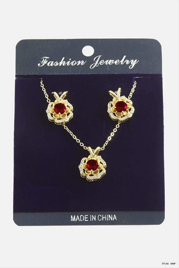 Ilkestor Flower Zircon Stone Set (31437) Necklace Red