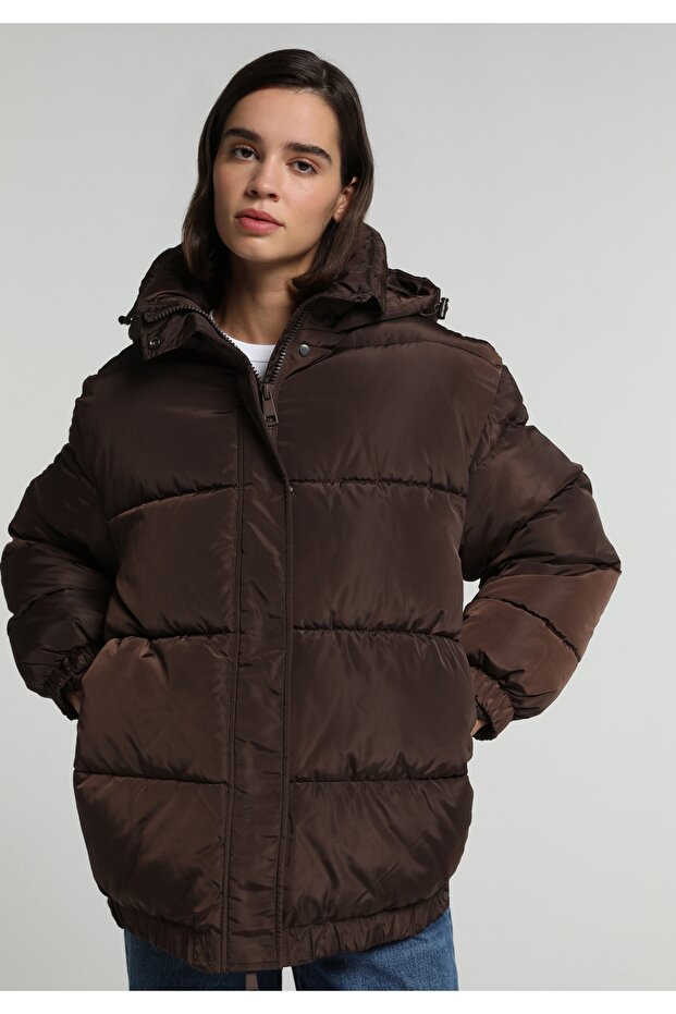 Regular Fit Hooded Zippered Lined Water Resistant Women's Brown Coat