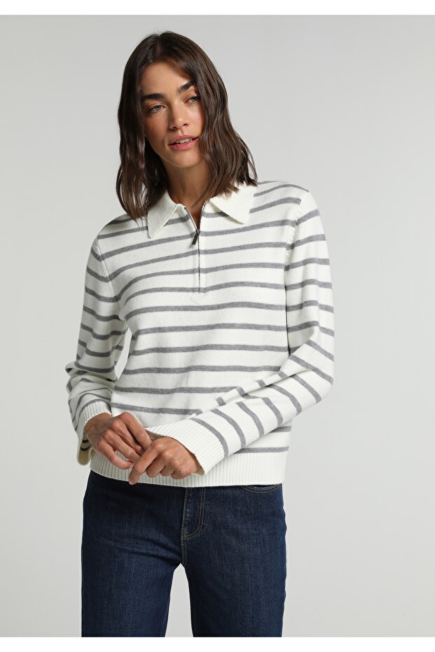 Regular Fit Zippered Striped Women's Gray Sweater