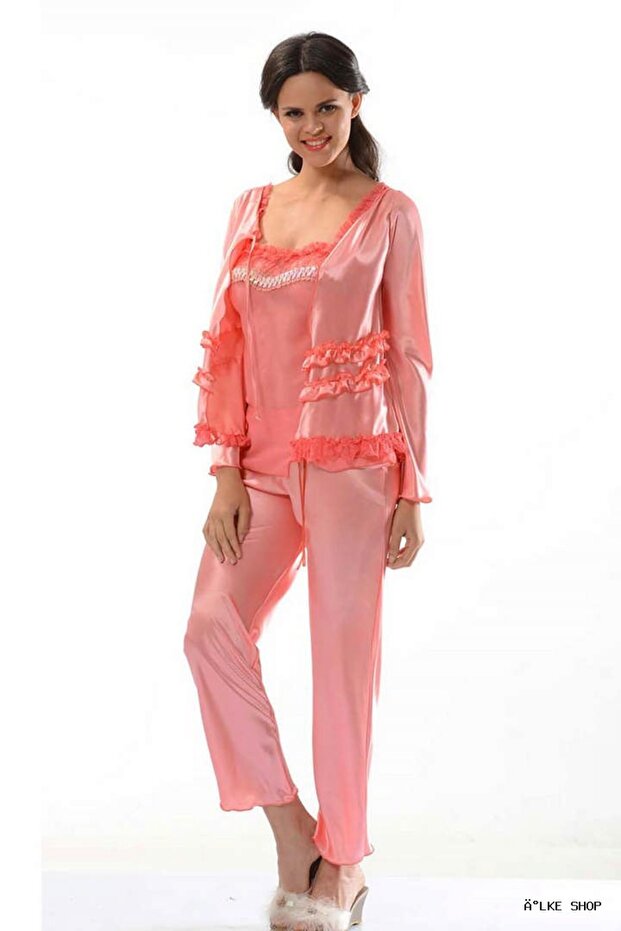 Ilkestor Pomegranate Flower Satin Pajama Set - 1413 - (42704) Size S/M