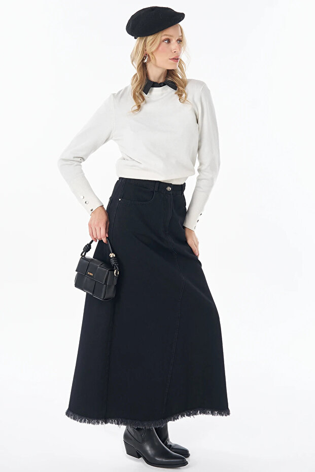 Denim Skirt with Stitching Detail Black