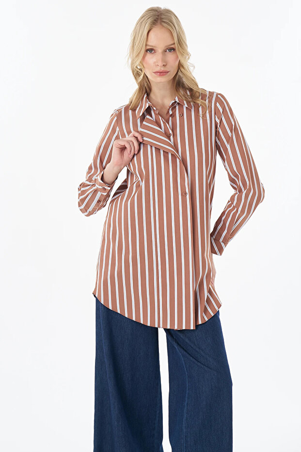 Button Detailed Cotton Tunic Brown