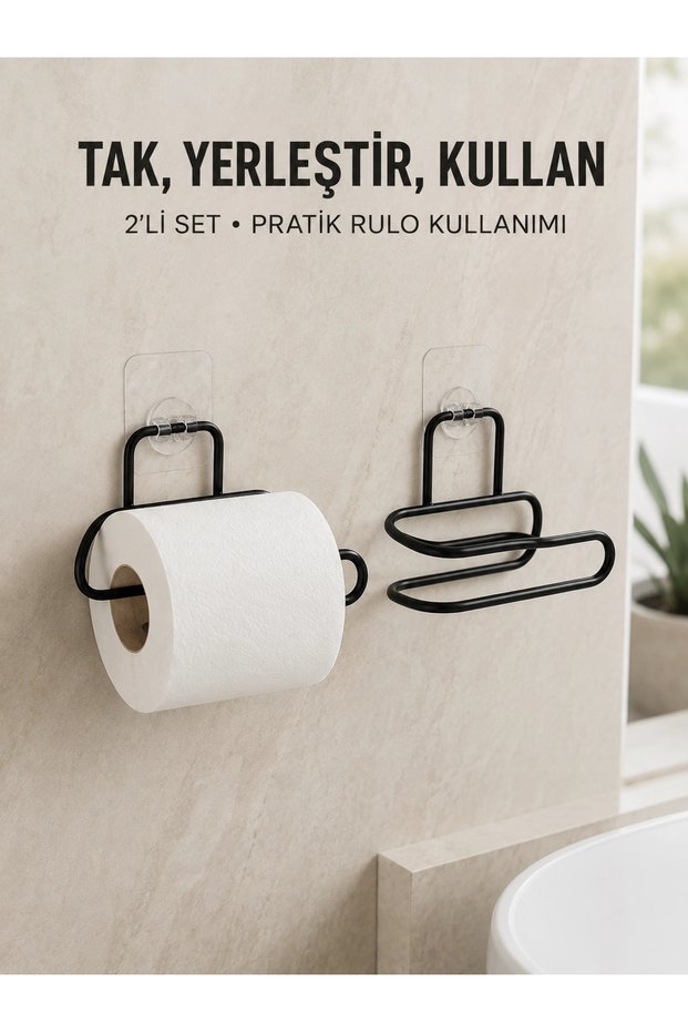 2-Piece Wall Adhesive Toilet Paper Holder Black Metal Practical Roll Holder