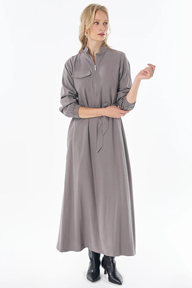 Rayon Dress with Flap Pockets Smoked