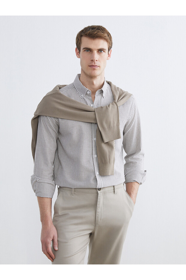 Southblue Brown Regular Fit Long Sleeve Striped Men's Shirt