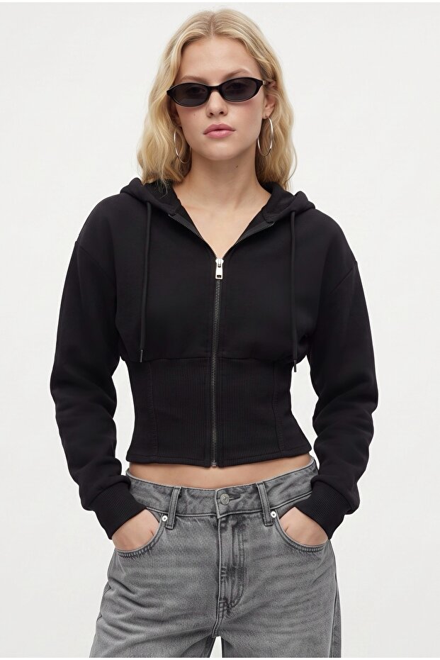 Women's Crew Corseted Slim Fit Black Hooded Sweatshirt
