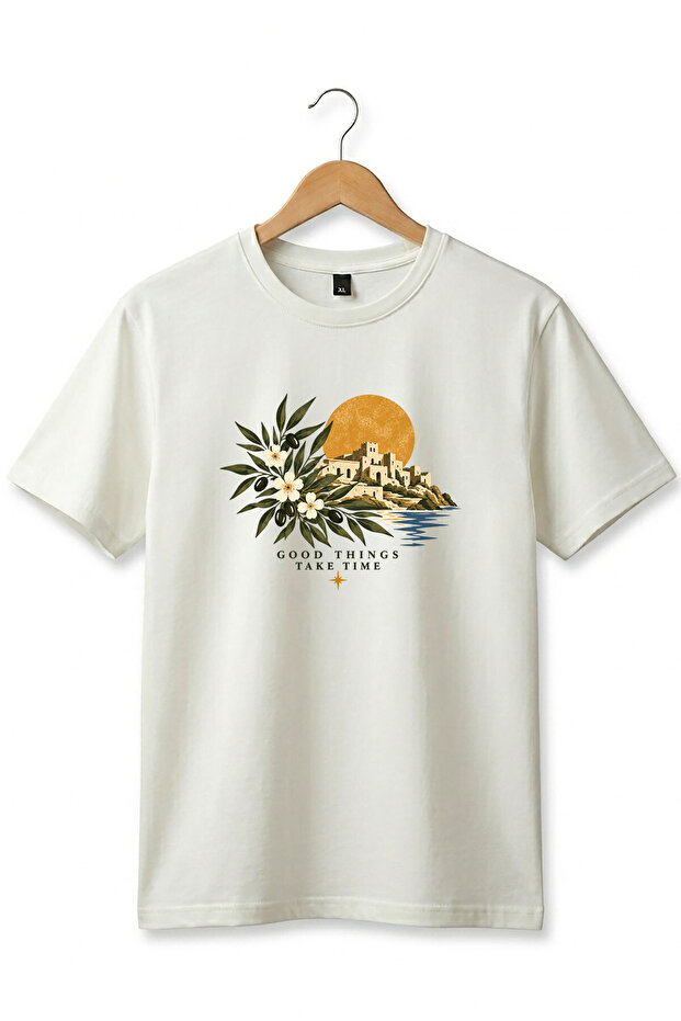 Unisex Vintage Mediterranean Aegean Themed Good Things Take Time Written Olive Branch Printed 100% Cotton Crew Neck Basic T-Shirt