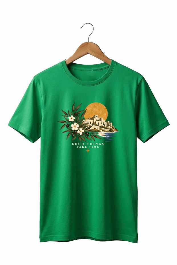 Unisex Vintage Mediterranean Aegean Themed Good Things Take Time Written Olive Branch Printed 100% Cotton Crew Neck Basic T-Shirt