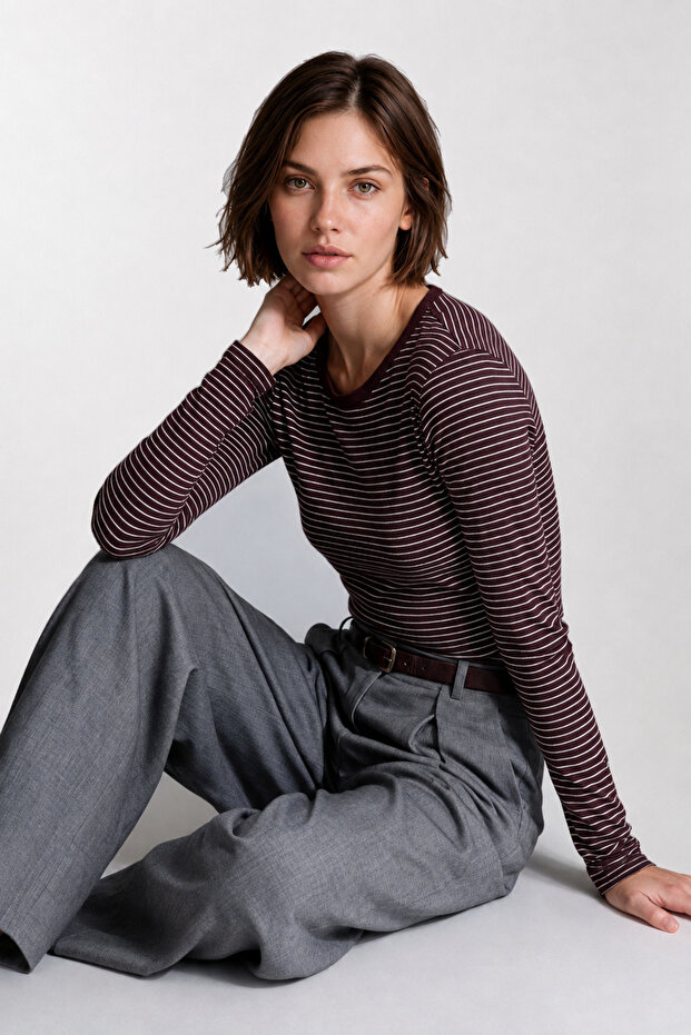 Striped Stretchy Knitted Blouse Lub0394 Mulberry White