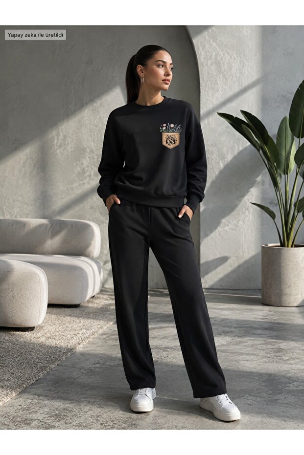 Floral Printed Crew Neck 2 Threaded Yarn Embroidered Fabric Tracksuit Set
