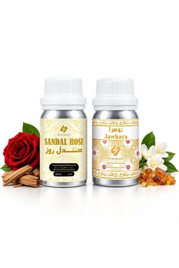 Shangani Combo Set – Sandal Rose & Jawhara Women's Concentrated Perfume Oil (CPO) 2 x 50ml, Long Lasting Attar Gift Pack for Her by