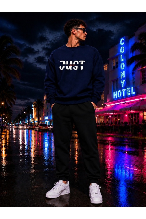 Just Doit Printed Crew Neck 2-Yarn Yarn-Dyed Fabric Tracksuit Set