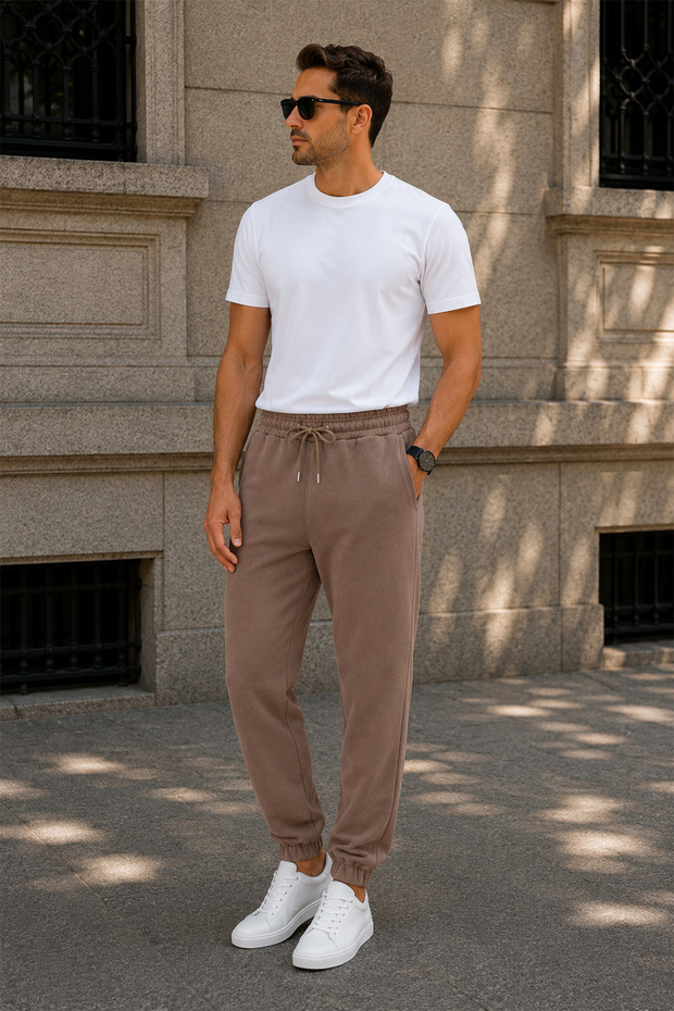 3 Thread Combed Cotton Fabric Cotton Soft Brown Sweatpants with Elastic Cuffs and Pockets