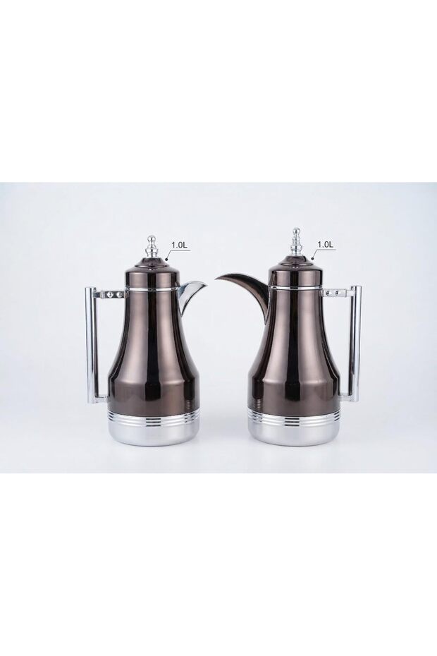 Arabic Coffee Pot and Tea Carafe Set of 2, 1L Insulated Thermal Flasks with Metallic Brown & Silver Finish, Double-Wall Stainless Steel Vacuum Insulation, Secure Pouring for Hot & Cold Drinks