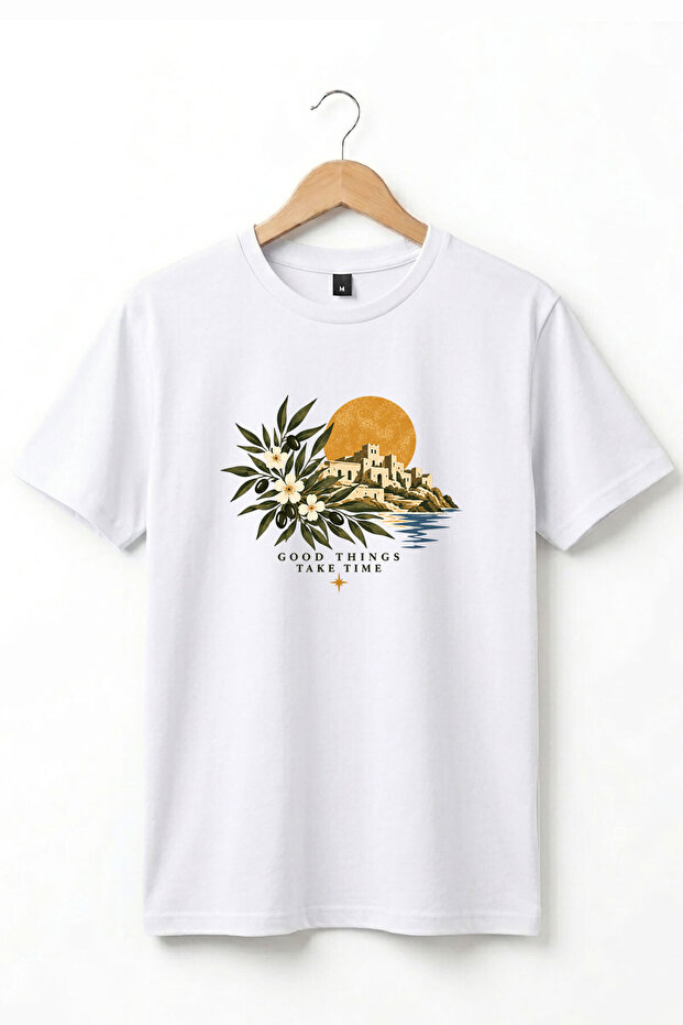 Unisex Vintage Mediterranean Aegean Themed Good Things Take Time Written Olive Branch Printed 100% Cotton Crew Neck Basic T-Shirt