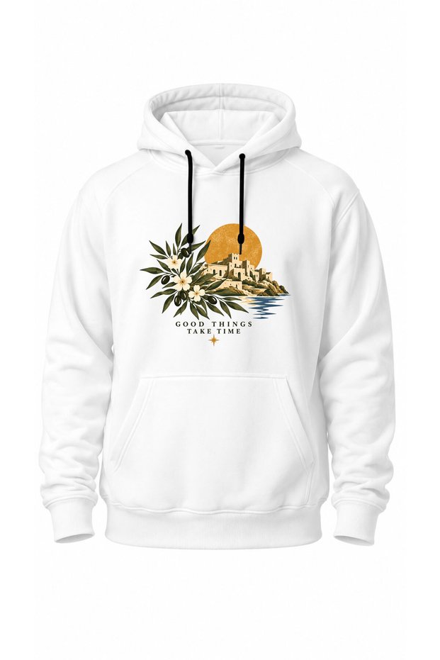 Unisex Vintage Mediterranean Aegean Themed Good Things Take Time Written Olive Branch Printed Kangaroo Pocket Hooded 100% Cotton 3 Thread Sweatshirt