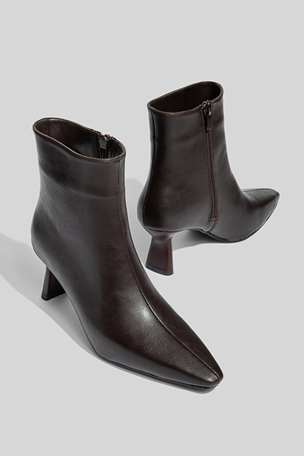 Bitter Brown Leather Special Design Heeled Women's Boots