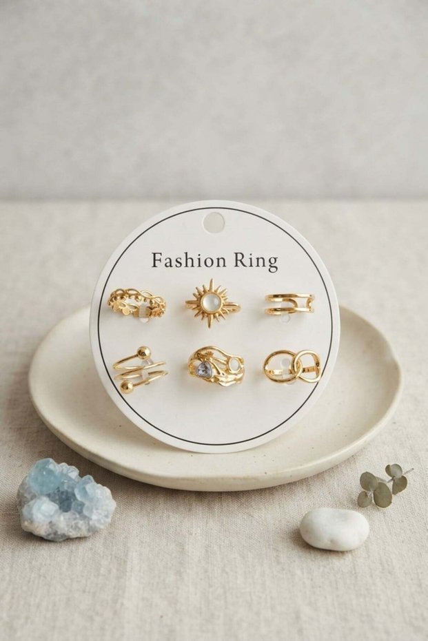Gold Color Brass Sun Detailed Ring Set of 6 Byk4313