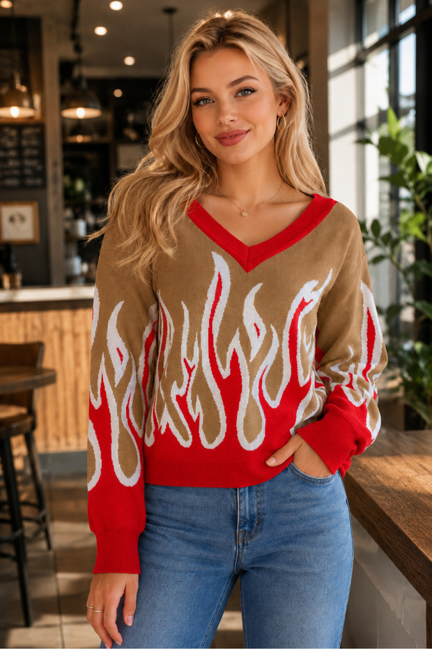 Women's V-Neck Long Sleeve Flame Patterned Color Garnished Special Design Stylish Elegant Camel Knitwear Sweater