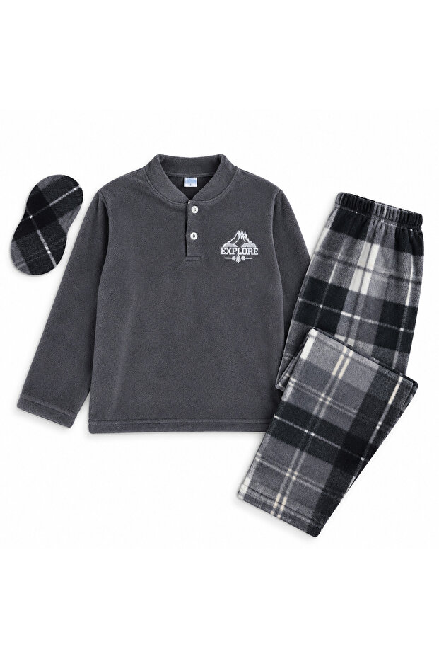 Boy's Cotton Fleece Winter Long-Sleeved Button-Down Collar Pajama Set