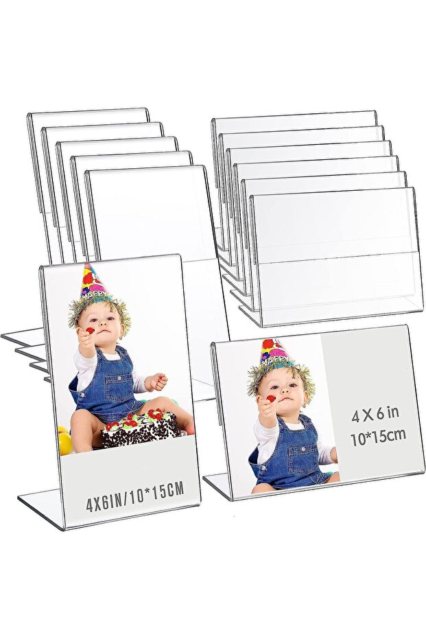 Acrylic Photo Frames, 12 Pieces Clear Sign Holder, Slant Back Display Stand, 10x15cm, for Home Office Restaurant Desk
