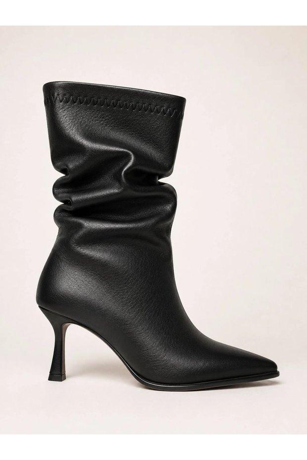 Women's Black Drawstring Leather Heeled Boots