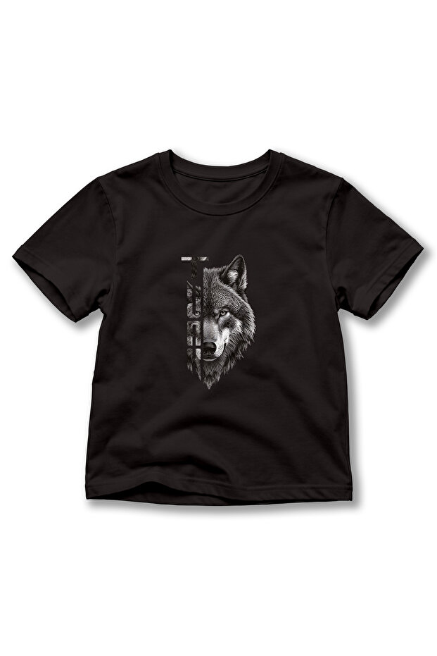Children's Turkish Written Wolf Printed T-Shirt – Gray Wolf Themed Short Sleeve Crew Neck T-Shirt