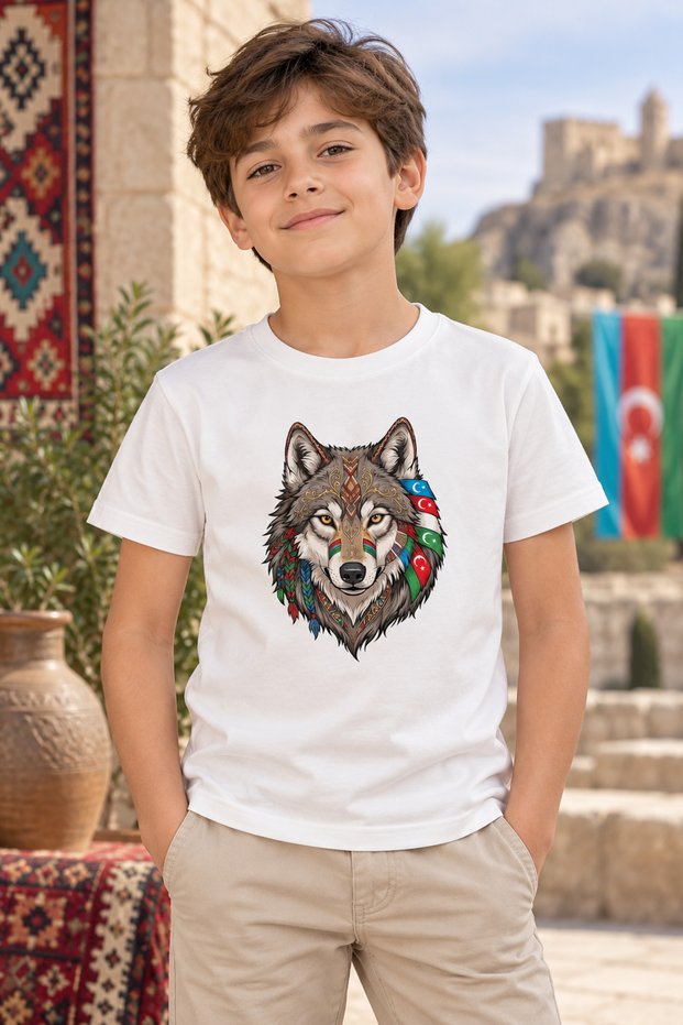 Children's Wolf Printed T-Shirt – Turkish World Flag Detailed Gray Wolf Themed Short Sleeve T-Shirt