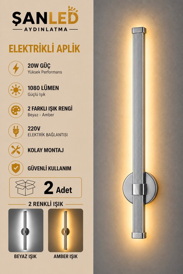 Decorative 20W Indoor Chrome Case 3-Color Light 80 cm Wall Sconce Electric 2 Pcs