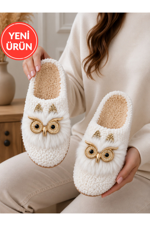 Plush House Slippers with Cute Owl Figure and Stone Metal Detail, Closed Toe Soft Winter House Slippers Stc1345