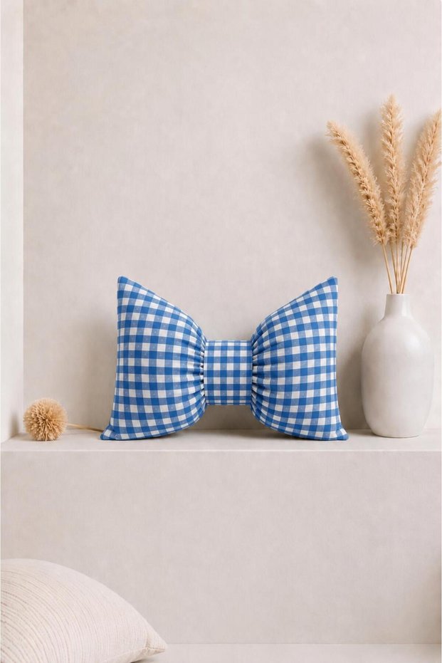 Blue and White Gingham Bow Design Decorative Stuffed Throw Pillow 40 × 45 cm