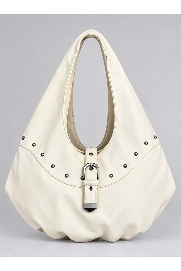 Cream Women's Large Size Hobo Shoulder Bag with Metal Studs and Lock Accessories