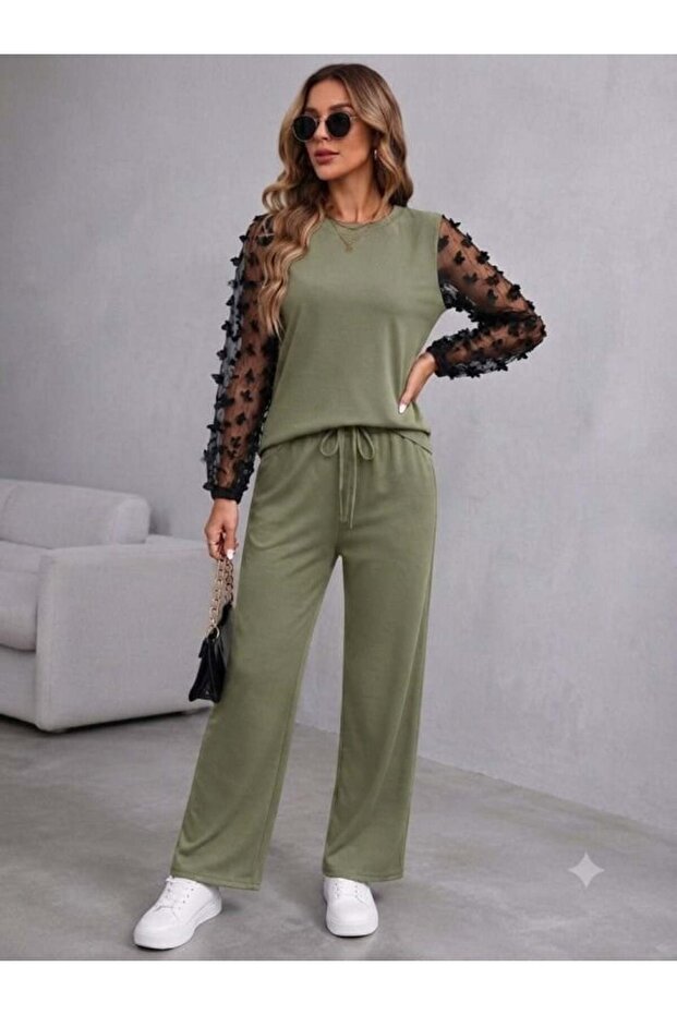 Women's Long Sleeve Crew Neck Tulle Viscose Two-Thread Blouse and Trousers Two-Piece Set