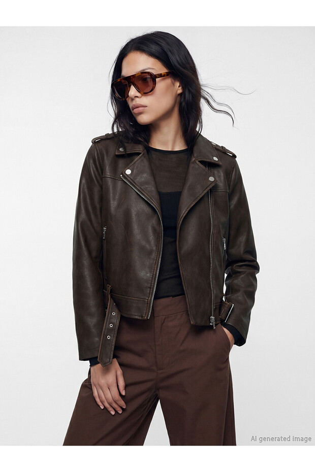 Lcw Vision Brown Biker Collar Women's Leather Look Jacket